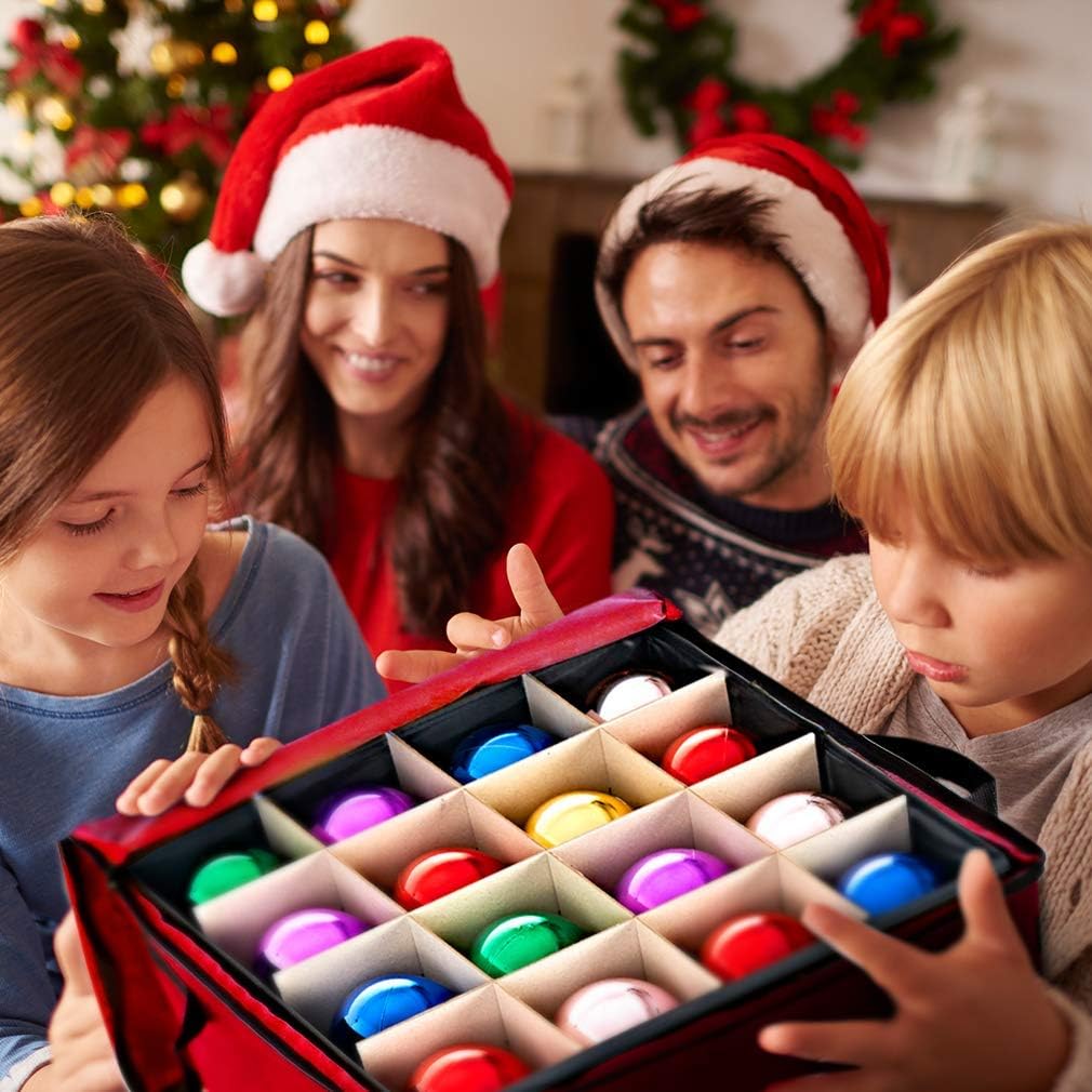 ProPik Christmas Ornament Storage Box - Organizes Up to 48 Xmas Balls with 3 Removable Trays | Red