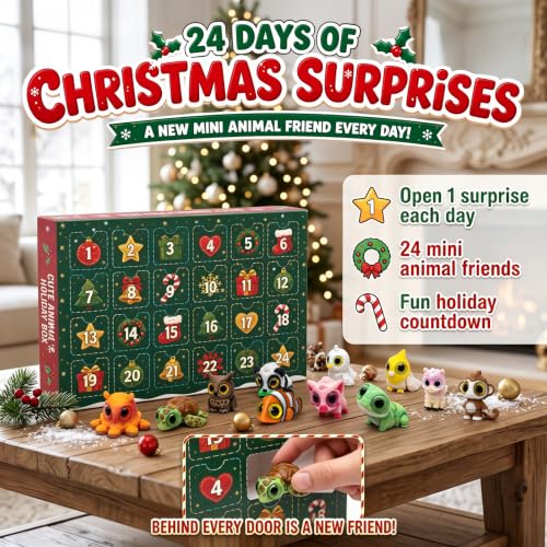 Christmas Advent Calendar for Kids with 24 Mini 3D Animal Figures & Fidget Toys
