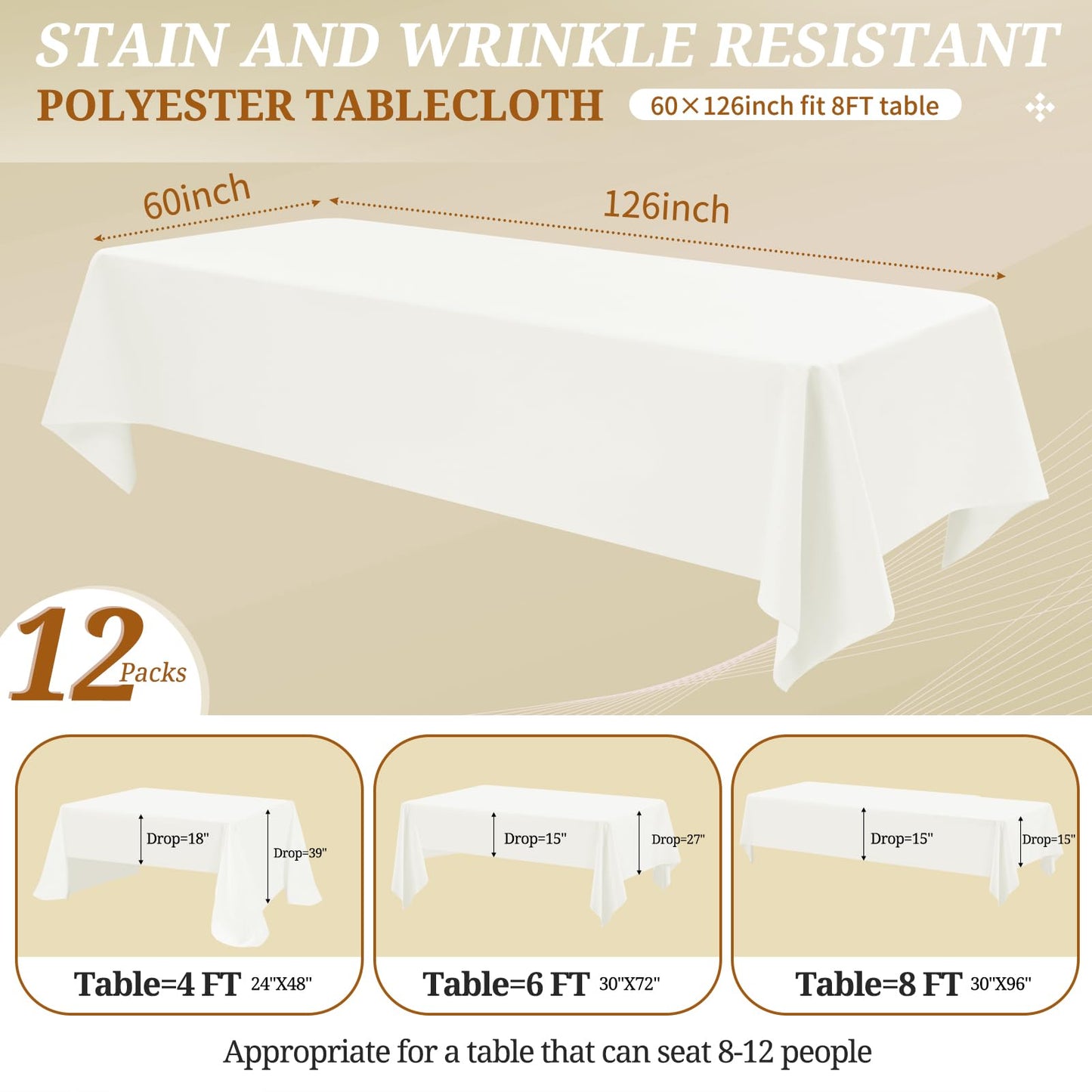 REWOMC 12 Pack Ivory Tablecloths for Rectangle Tables 60 x 126 Inch Ivory Polyester Tablecloth 8 Foot Rectangle Table Cloth Washable Fabric Table Cover for Party Wedding Banquet Restaurant Events