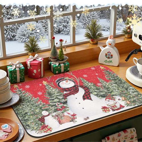 Findosom Red Snowman Christmas Dish Drying Mat 16x24 Inches - Holiday Kitchen Decor