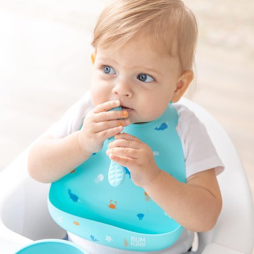 Bumkins Baby Utensil Set - Silicone Trainer Spoons for Self-Feeding | Soft Tip, 3-Pack in Blue & Green