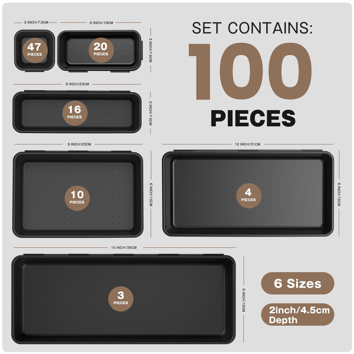 A-LuGei 【𝟲 𝗦𝗜𝗭𝗘 & 100PCS】 Tool Box Organizer Tray Set【Fits 100+ Tools】 Black Plastic Drawer Divider Desk Drawer Organizer Garage Organization for Rolling Tool Chest Cart Workbench Office Storage