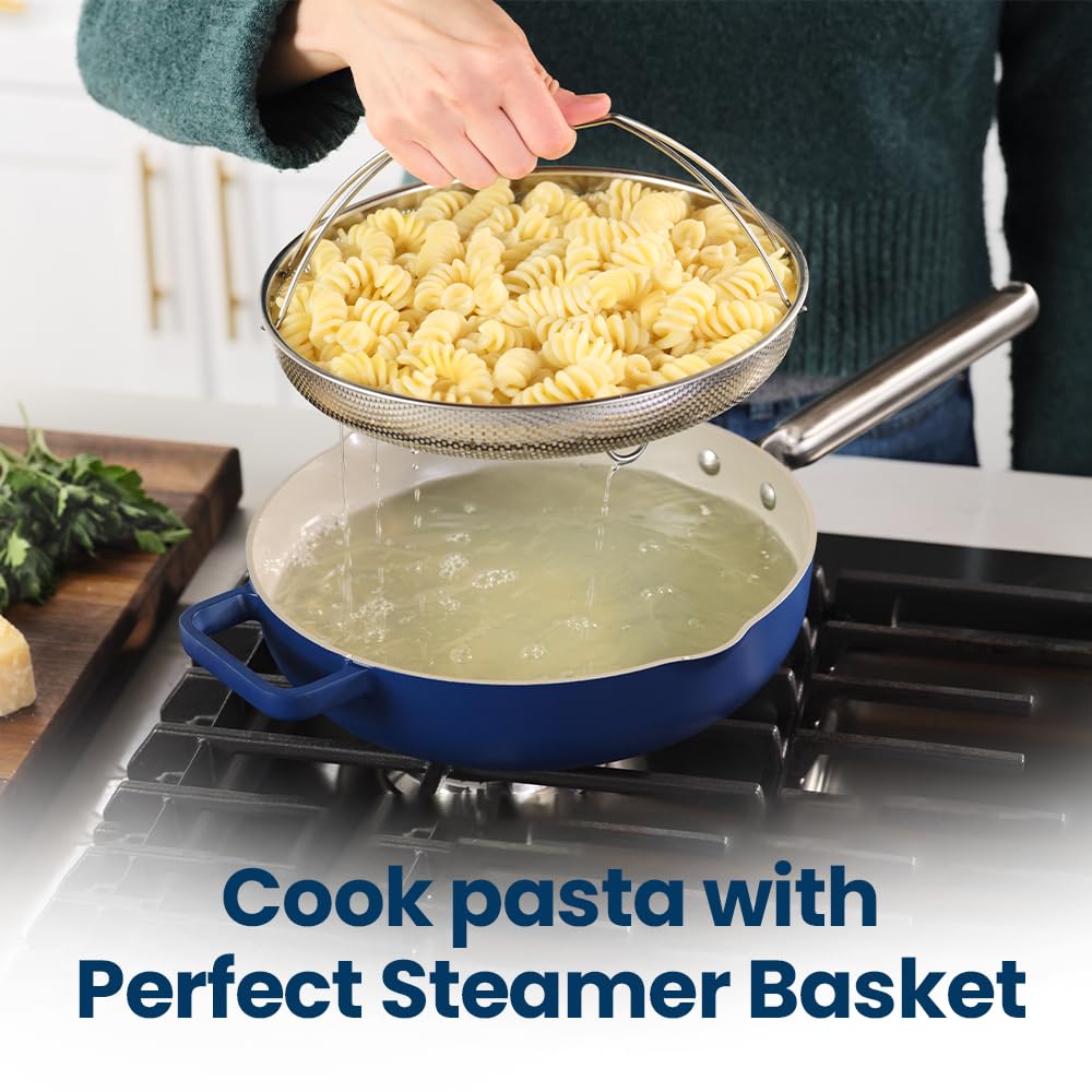 Nutricook 10.5” Ceramic Nonstick Pan with Lid, Steamer & Spatula | PTFE & PFOA Free | Oven Safe, Induction Compatible | 10-in-1 Multi-Function Cookware for Saute, Frying, Searing, Steaming & Baking