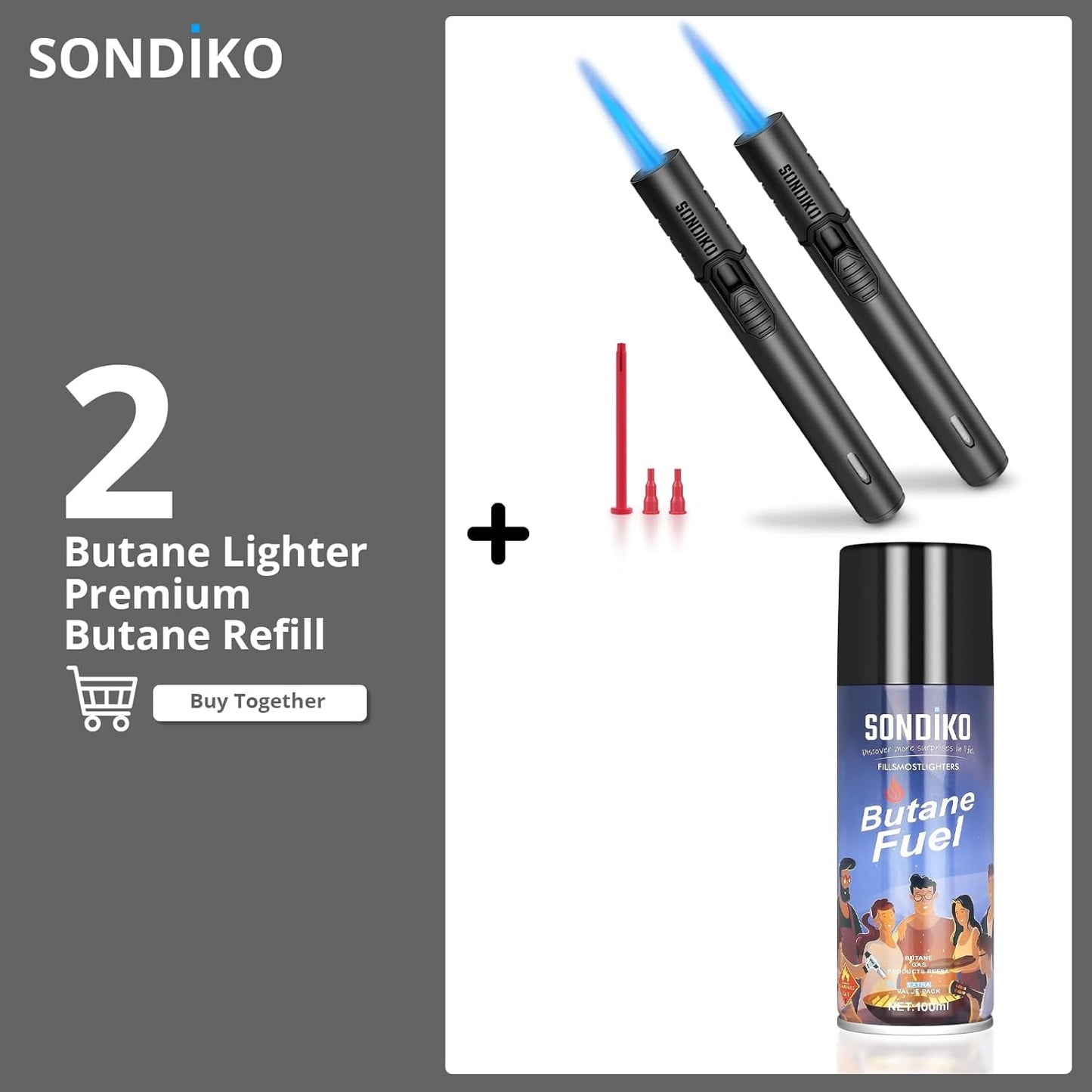 Sondiko Torch Lighter - Refillable Butane with Adjustable Jet Flame & Metal Shell | Butane Refill Kit Included