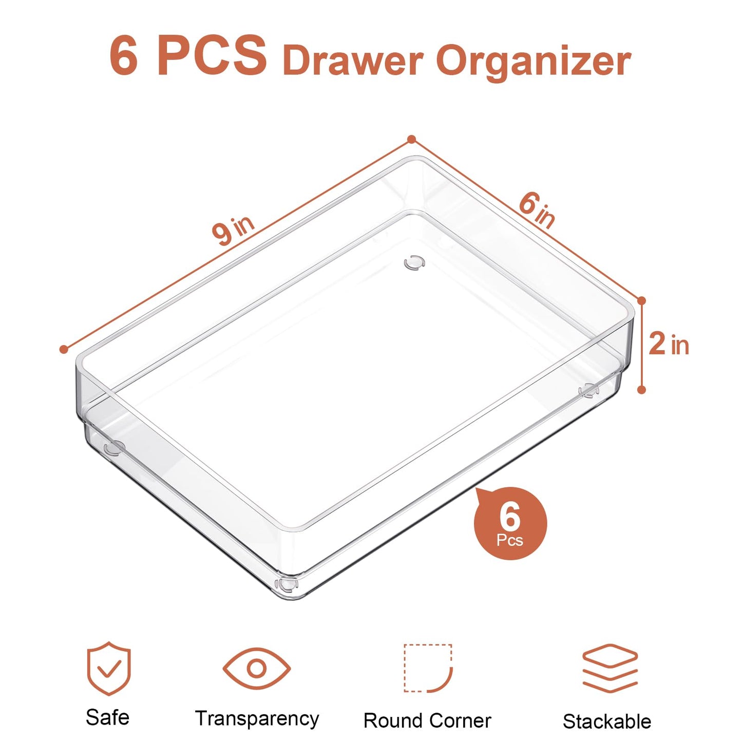 SMARTAKE 6 PCS Clear Plastic Drawer Organizers Set, Large Size Non-Slip Desk Drawer Organizer, Versatile Bathroom and Vanity Drawer Organizer Trays for Makeup, Bedroom, Office, Kitchen Utensils