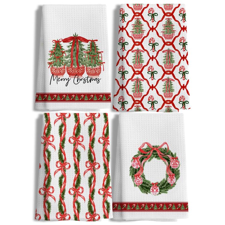 LUKIPOM Chinoiserie Red Xmas Kitchen Towels Set of 4 | 16x24 Inch, Coquette Bow Stripes