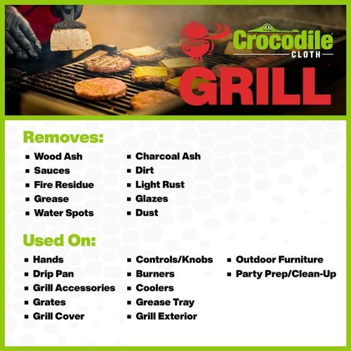 Crocodile Cloth Grill Wipes - Plant-Based, Aloe & Vitamin E Infused | 15" x 10" Large, Safe for Skin & Surfaces