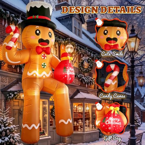 CORALMEE 11FT Sitting Gingerbread Man Christmas Inflatable with Top Hat, Candy Cane & Gift Bag (Outdoor Decor)