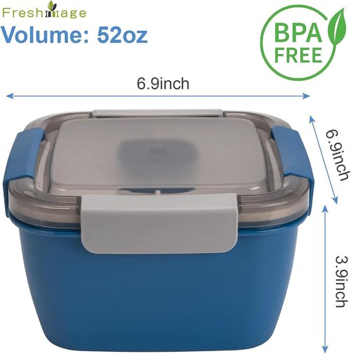 Freshmage Salad Lunch Container - 52 oz Salad Bowl with 3 Compartments & Dressing Container | Blue