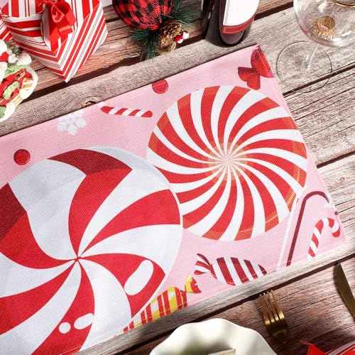 Christmas Candy Cane Table Runner Red White Sugar Table Runner Xmas Winter Snowflake Rectangular Tablecloth Washable Sweets Runner for Home Kitchen Dining Party Holiday Decor Wedding, 11.8 x 70 Inch