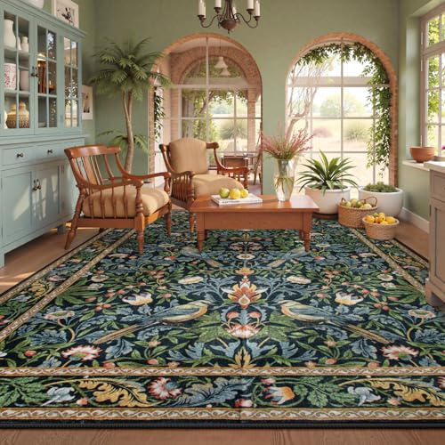 Vintage Botanical Bird Washable Area Rug 8x10 Dark Green & Navy Blue - Non Slip, Stain Resistant, Large Living Room Carpet