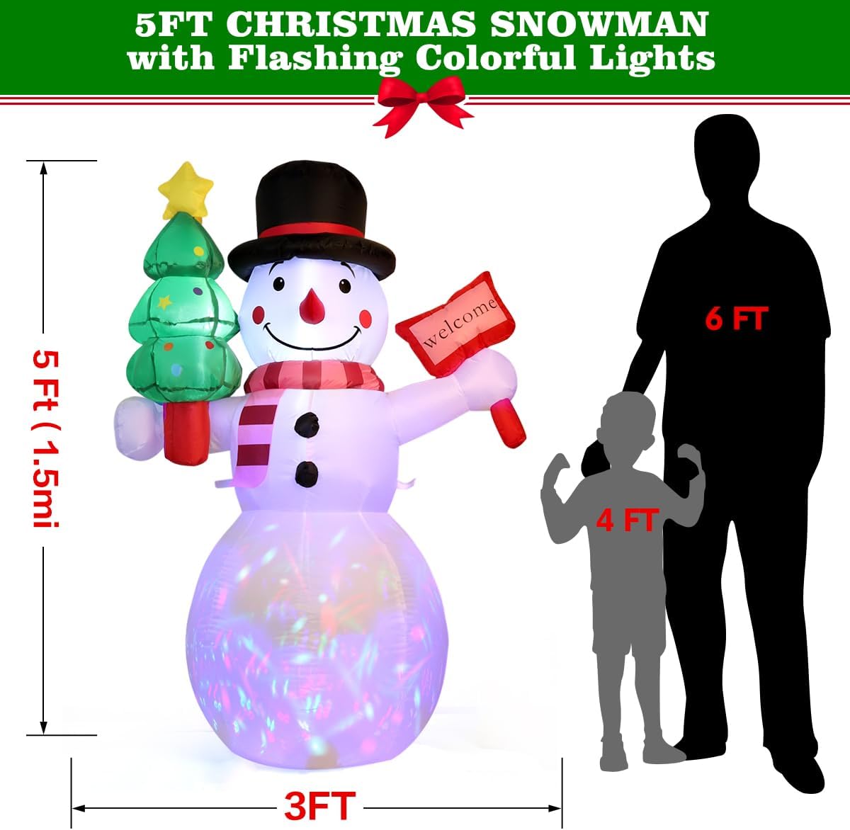 Skiennix 5Ft Christmas Inflatable Snowman - LED Lights for Outdoor Holiday Decor | Winter Yard Decoration