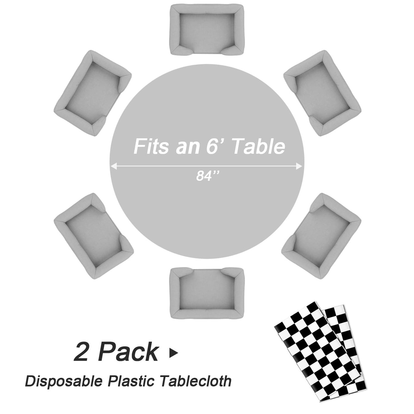 QIKSION Black and White Gingham Round Tablecloth 2 Pack, 84 Inch Plastic Checkered Table Cover Disposable for Parties