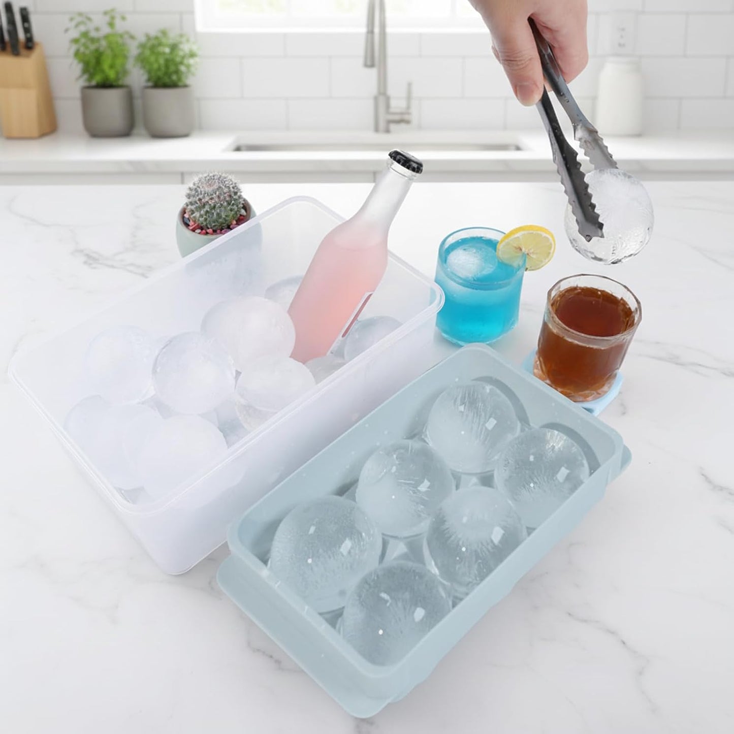 Large Ice Ball Maker - 2.5" Round Ice Cube Mold for Whiskey & Cocktails | 8 Sphere Ice Balls with Tray & Tongs