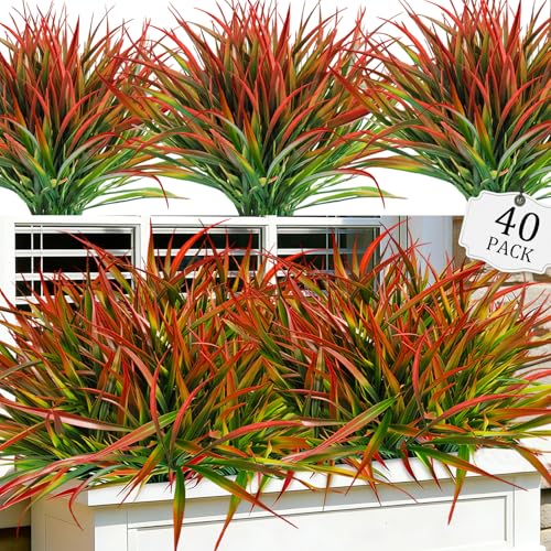 Cherica 40Pcs Red Artificial Outdoor Grass Stems UV Resistant Landscaping Decor