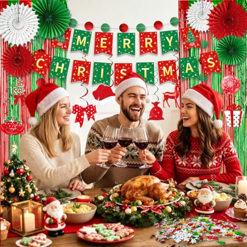 Christmas Banner Decorations Pack with Garlands & Foil Curtains - Holiday Party Supplies