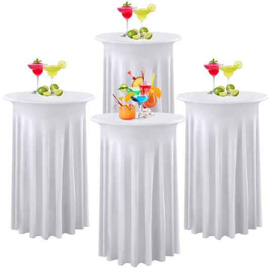 4 Packs White Round High Top Table Cloth 24inch×43inch Stretchy Wrinkle Free Highboy Cocktail Spandex Table Covers for Cocktail Party Wedding Banquet Baby Shower Baptism Decor