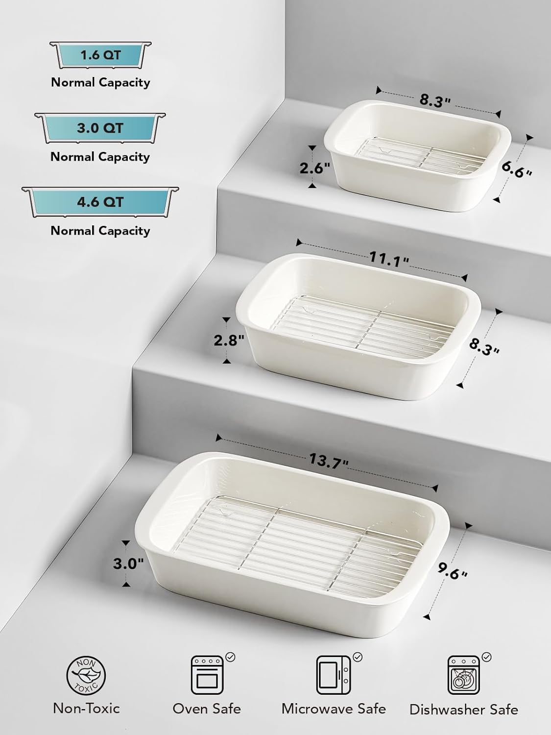 LE TAUCI Deep Casserole Dishes Set - 3-Piece Ceramic Baking Dish Set with Handles, White (4.6QT/3.0QT/1.6QT)