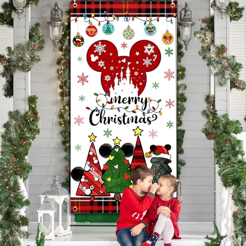 Mouse Christmas Door Cover Decoration,Merry Christmas Door Hanging Backdrop for 2023 Cartoon Mouse Theme Xmas Winter Holiday Supplies
