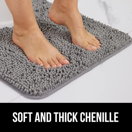 GORILLA GRIP Bath Rug Mat & Mesh Bath Pillow Bundle - Soft Absorbent Chenille, Gray & White, 2-Piece Set