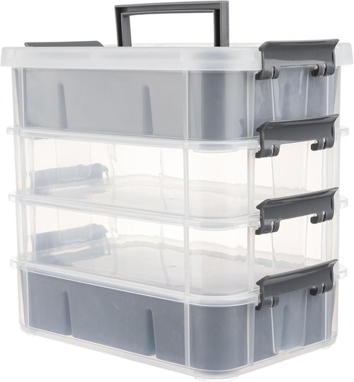 CraftGenes Grey & White Modern Plastic Storage Box - 4-Layer Durable Organizer with 2 Removable Trays for Crafts, Sewing & Office Supplies