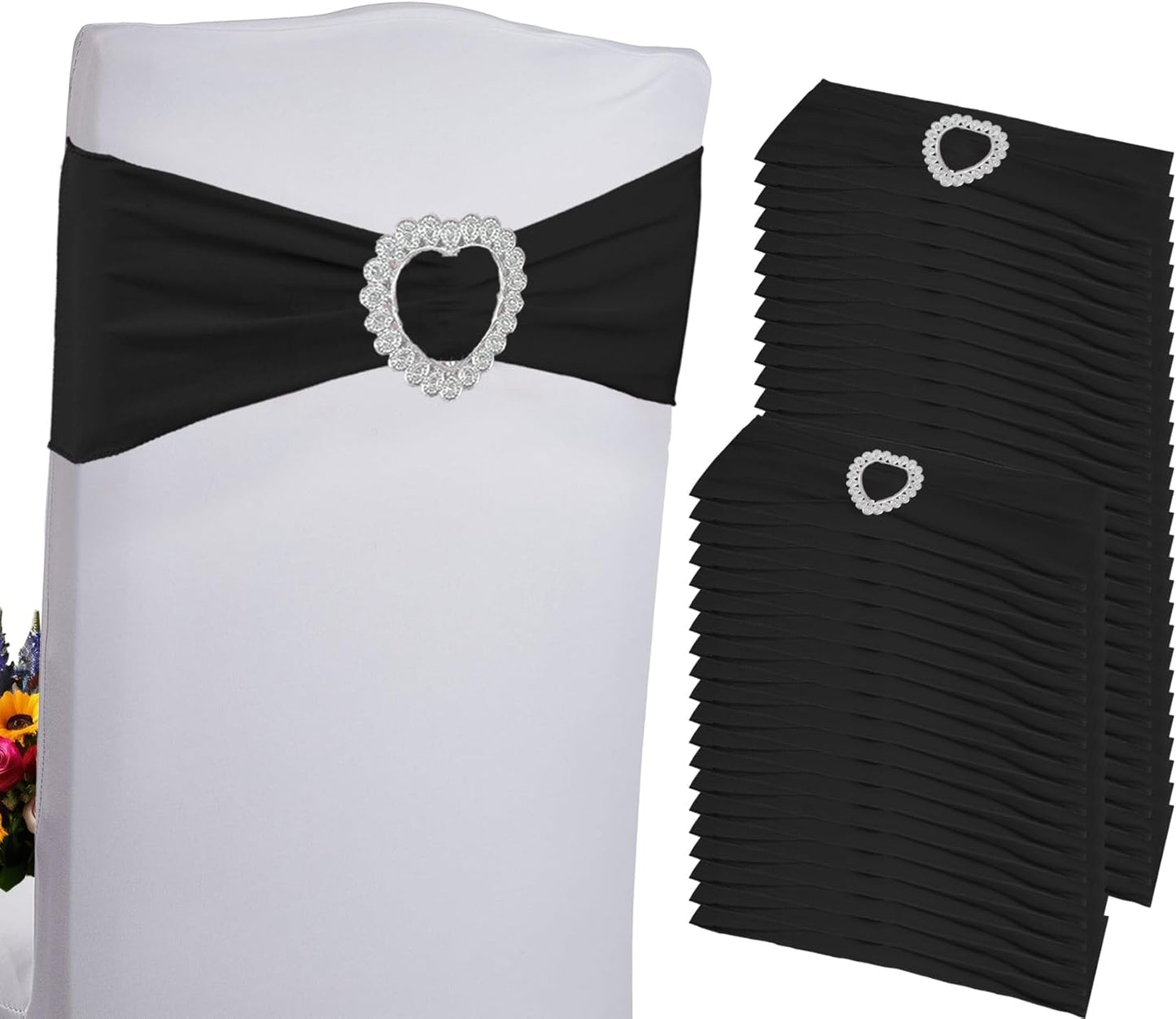 Skiennix 100PCS Black Spandex Chair Sashes - Universal Elastic Covers with Buckle Slider for Events