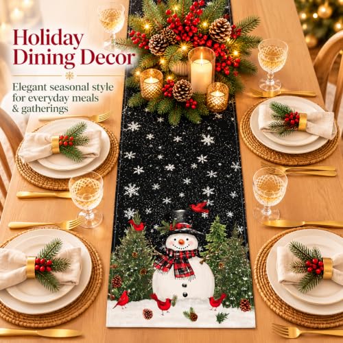 Black Snowman Xmas Tree Christmas Table Runner 13x72in Birds Snowflakes