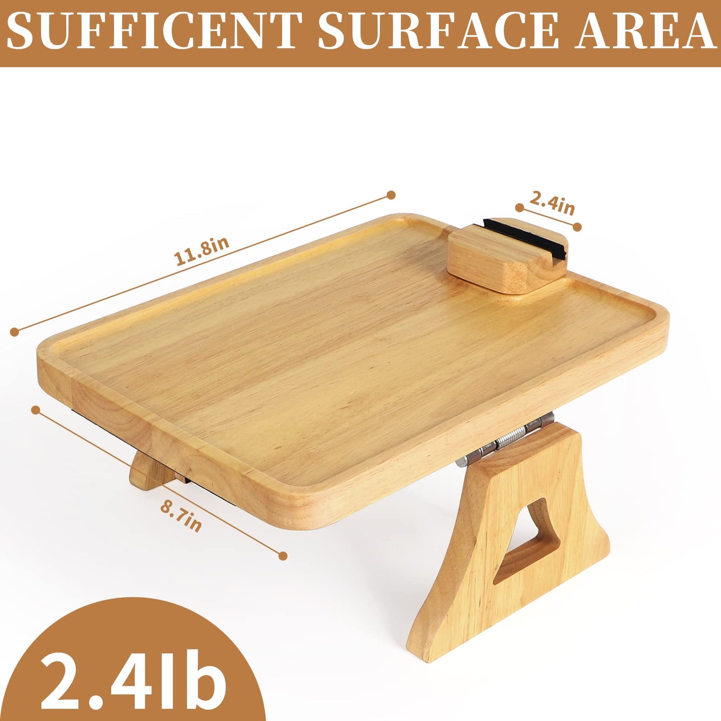 TISEMENT Couch Tray for Wide Sofa, 11.8’’ × 8.7’’ Clip On Sofa Arm Tray with 360° Rotating Bracket,Foldable Couch Arm Table for widening Space, Rubber Wood Couch Cup Holder for Drinks/Snacks/Fruits