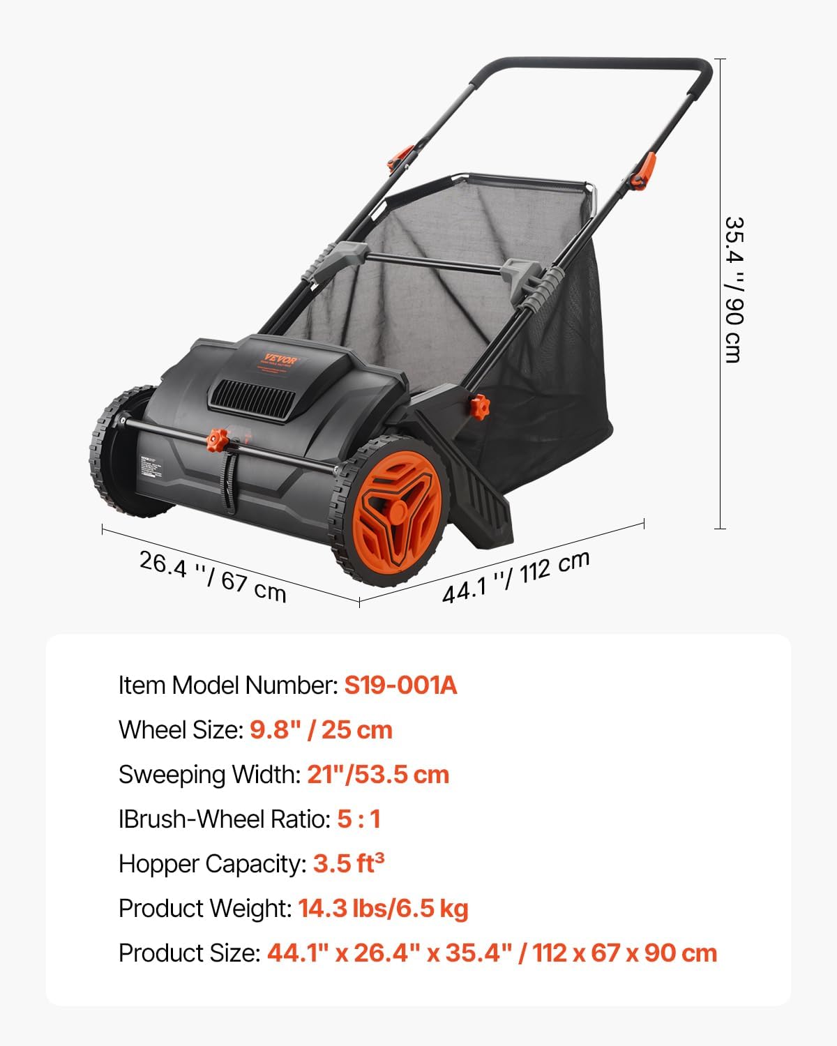 VEVOR Push Lawn Sweeper - 21-Inch Heavy-Duty Leaf & Grass Collector with 3.5 Cu. Ft. Capacity
