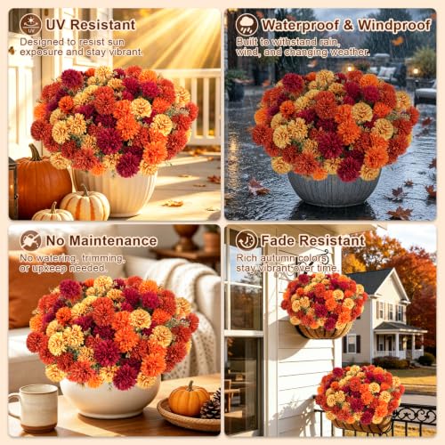 Artificial Fall Flowers 12 Pcs Burgundy Orange Caramel & Yellow Chrysanthemums Outdoor Decor