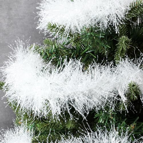 Dingion 50 ft White Tinsel Garland Christmas Tree Fluffy Metallic – Metallic Variant