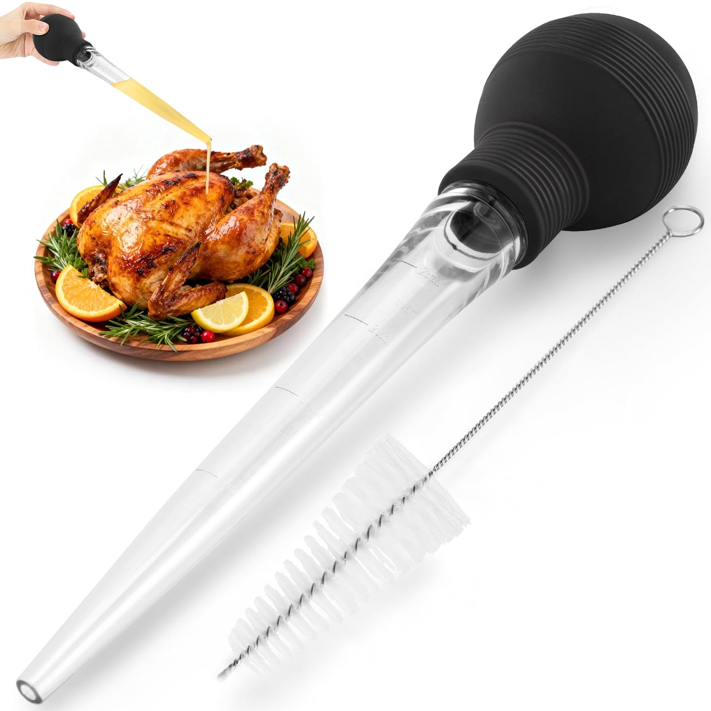 BAUSAR Large Turkey Baster for Cooking - Premium Baster Syringe for Hot Liquids - Heat-Resistant Silicone Bulb, Easy-Grip Design with Cleaning Brush - Dishwasher Safe - Baste Food with Ease - Black