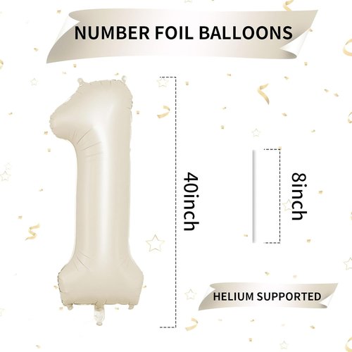 Beige 40-Inch Cream Number 1 Balloon - Giant Foil Balloon for 1st Birthday Decorations
