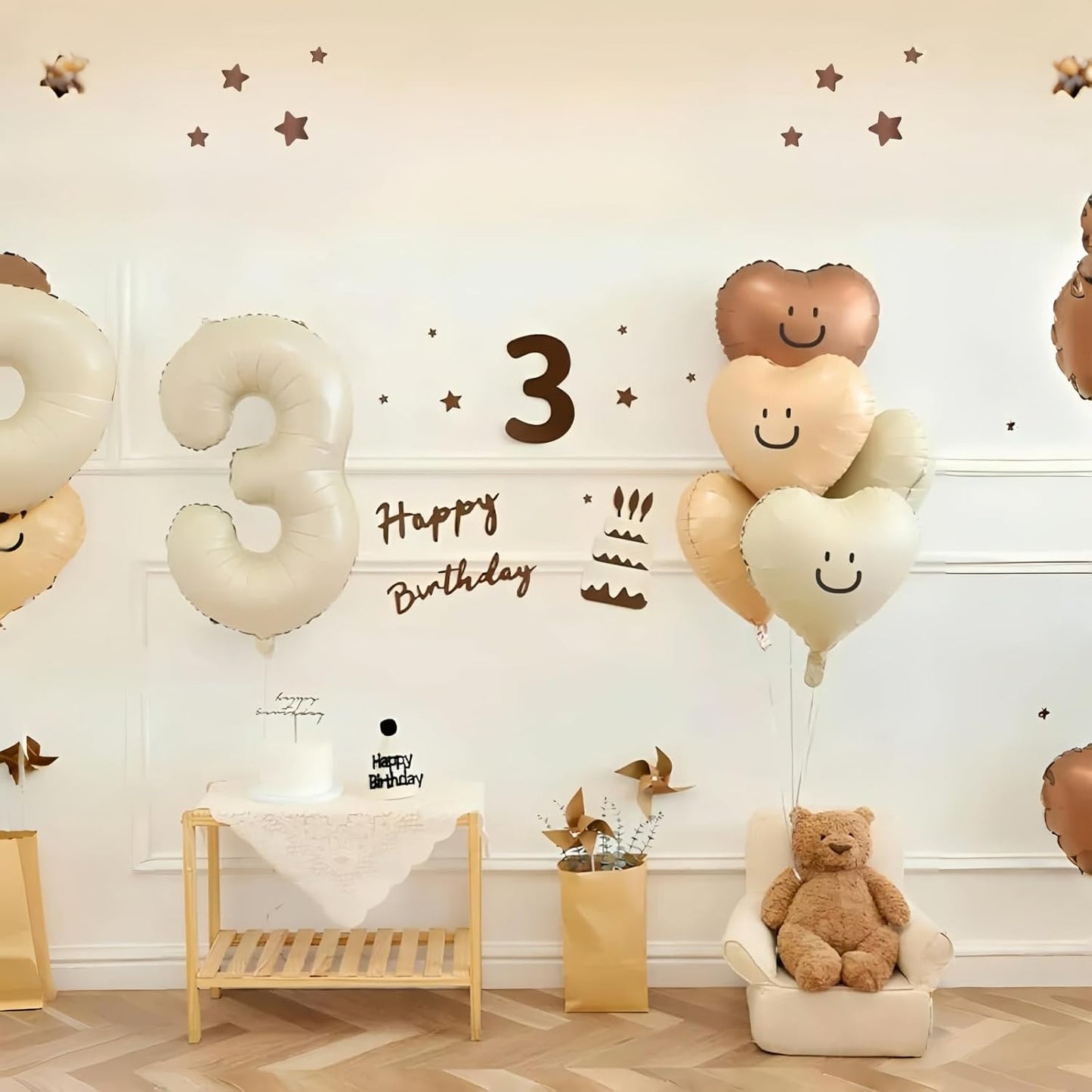 Skiennix 30 Balloons Decor - Beige Nude Apricot Brown Foil Star & Heart Balloons | 40'' White Sand Helium Number 30 for 30th Birthday & Wedding Anniversary Celebrations