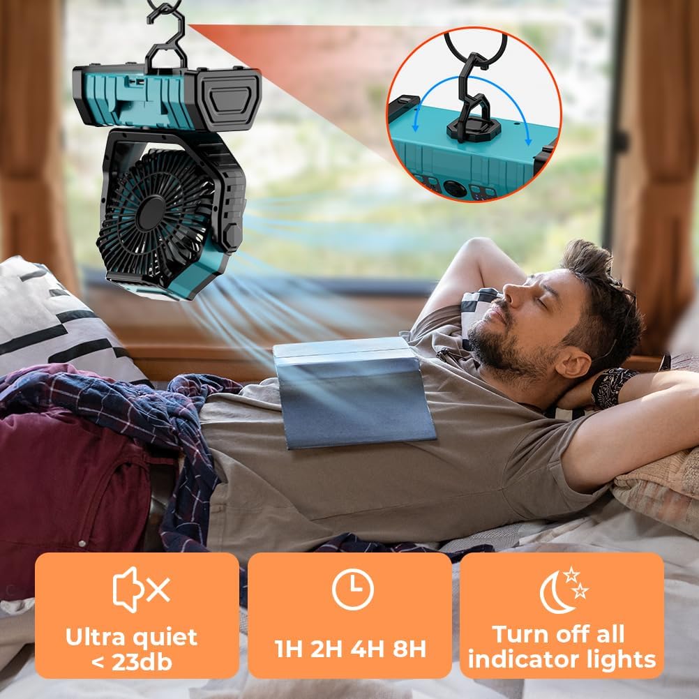 Skiennix Camping Fan - 20000mAh Rechargeable Battery Fan with LED Lantern | Portable Outdoor Tent Fan, Blue