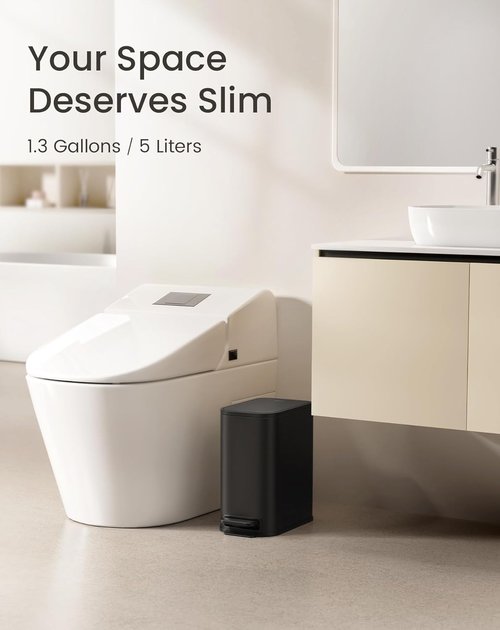 Cesun Stainless Steel Bathroom Trash Can - 5 Liter Soft Close Lid & Step Pedal | Matte Black Waste Basket