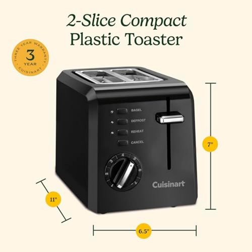 Cuisinart CPT-122BK 2-Slice Toaster - Compact Design with Bagel Slots & 7 Shade Settings - Black