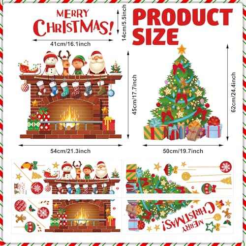 Christmas Wall Decals Christmas Tree Wall Stickers Xmas Ball Fireplace Decals Stickers Removable Merry Christmas Wall Decorations for Xmas Party Bedroom Living Room Office Home Decor, 4 Sheets