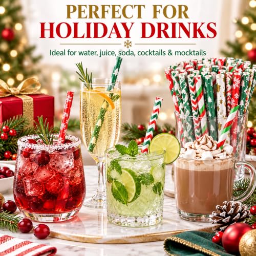 200 Christmas Paper Straws, 7.75in Party Straws