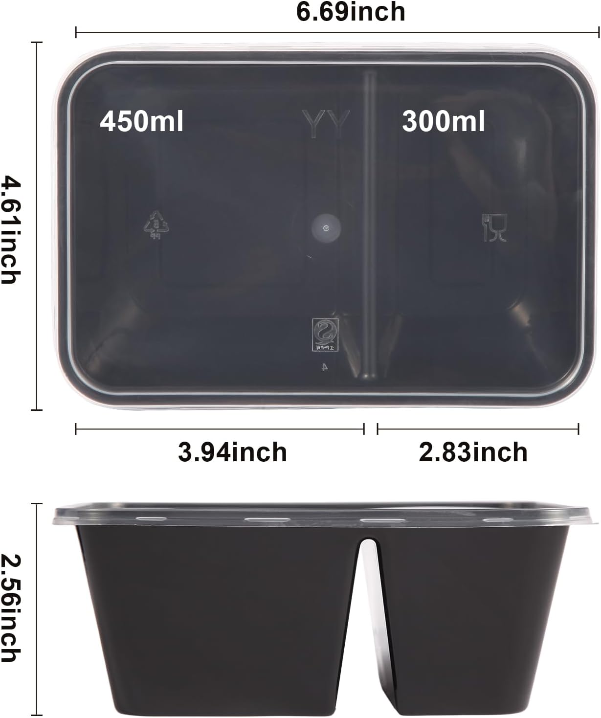 Qewro 32oz Meal Prep Containers - 50 Pack, 2-Compartment, Reusable & Disposable, Microwave Safe