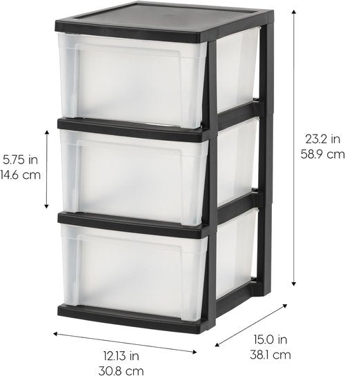 IRIS USA Plastic Drawer Organizer - 3-Drawer Storage Solution for Art Supplies & More | Black/Clear, 2-Pack