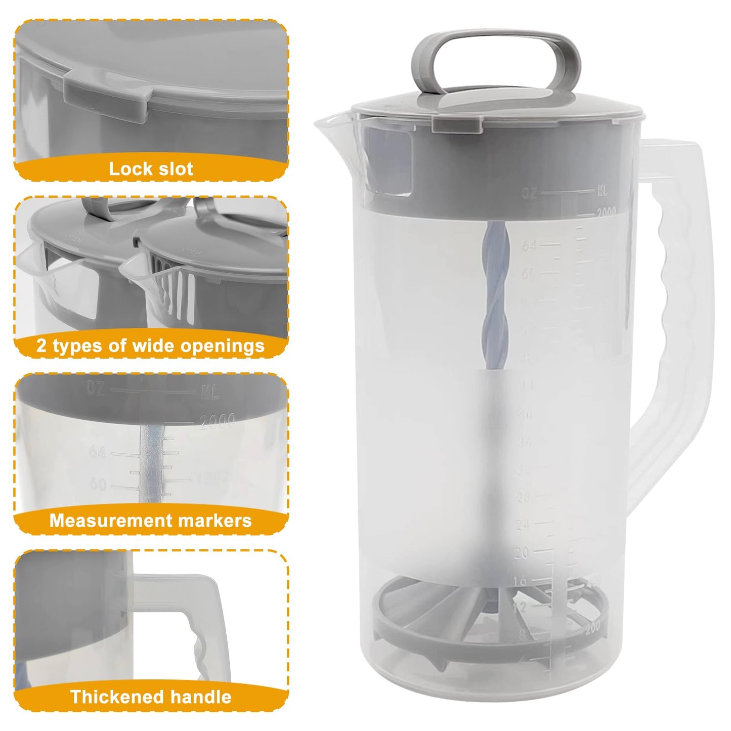 2 Pack Mixing Pitcher for Drinks 2 Quart/ 64oz Plastic Water Pitcher with Lid，Easy-Mix Juice Container，Angled Plastic Blades and Adjustable Mixer Plunger for Juice, Tea, Beverage Container