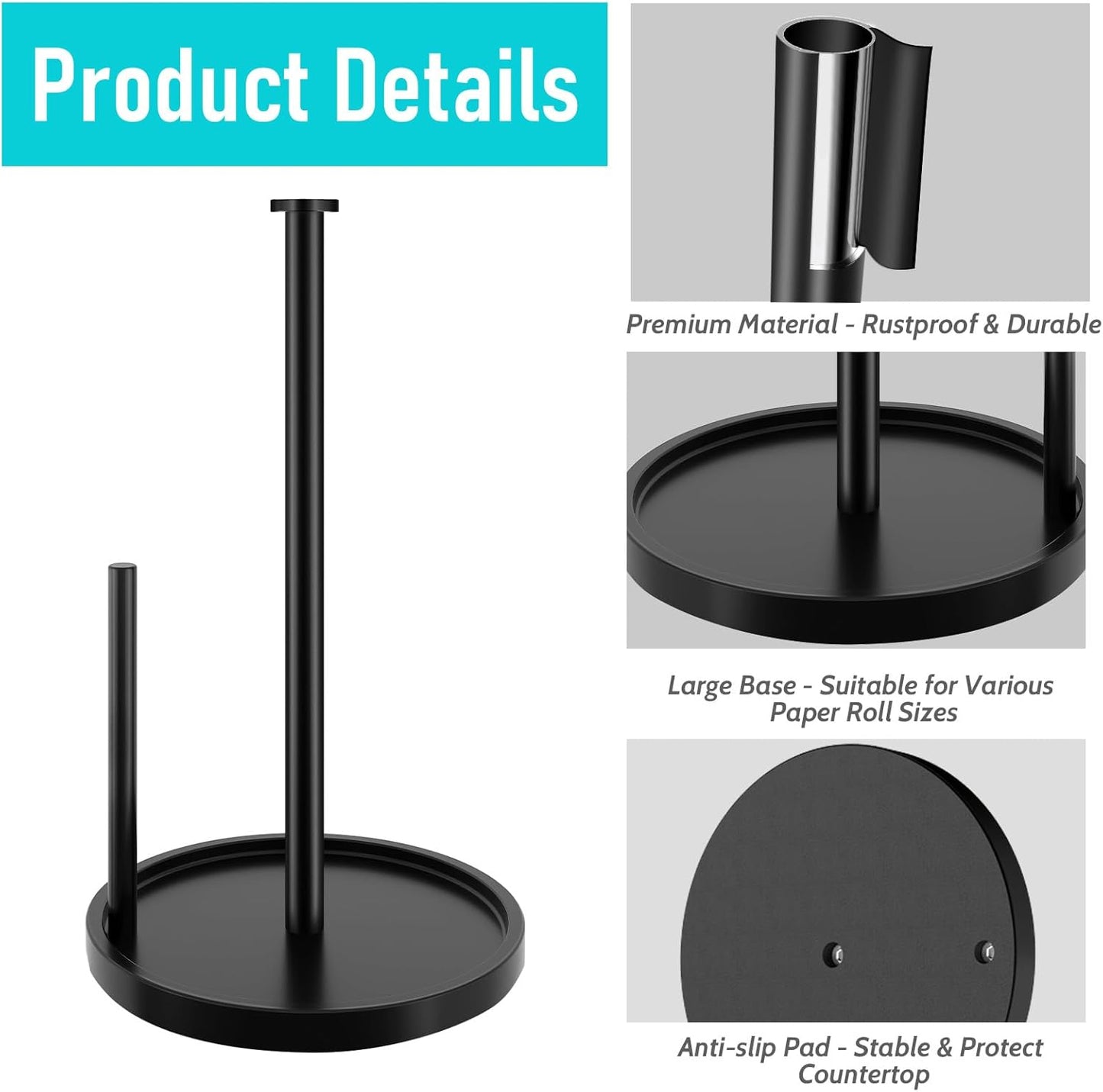 Stainless Steel Paper Towel Holder - Freestanding Design with Anti-Slip Weighted Base | Black Finish