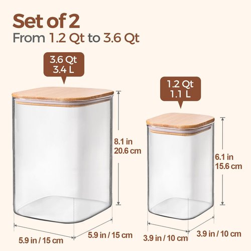 ComSaf Glass Food Storage Containers - Airtight Large Square Jars with Bamboo Lids | 3.6Qt & 1.2Qt for Flour, Sugar, Rice, Pasta, Snacks