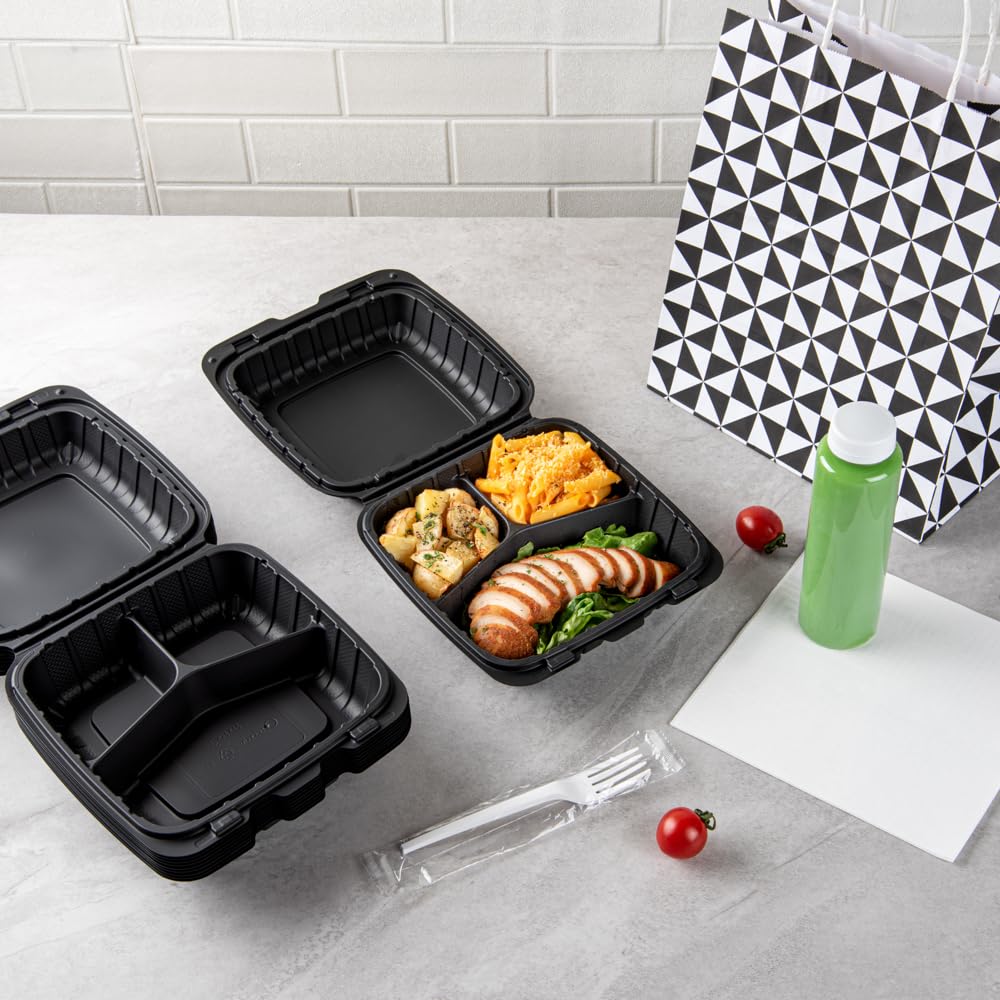 Restaurantware Thermo Tek 8 x 8 x 3 Inch Mineral-Filled Take Out Containers 100 Durable To Go Containers - Heavy-Duty Disposable Black Plastic Clamshell Containers Suitable For Hot & Cold Foods
