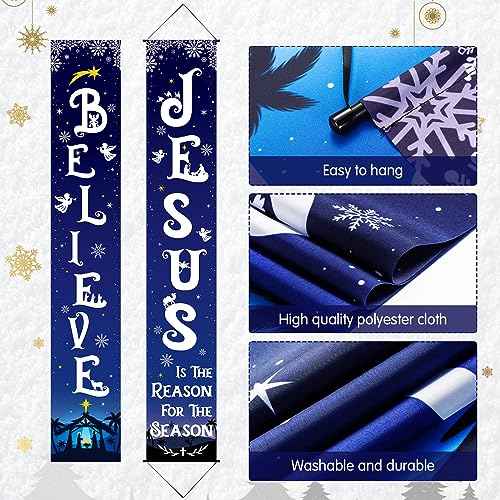 Tiamon Christmas Front Porch Banners Winter Religious Nativity Scene Sign Holiday Hanging Banner Xmas Decoration for Front Door Believe Jesus Is the Reason for the Season 12 x 71 Inch (Snowflake)