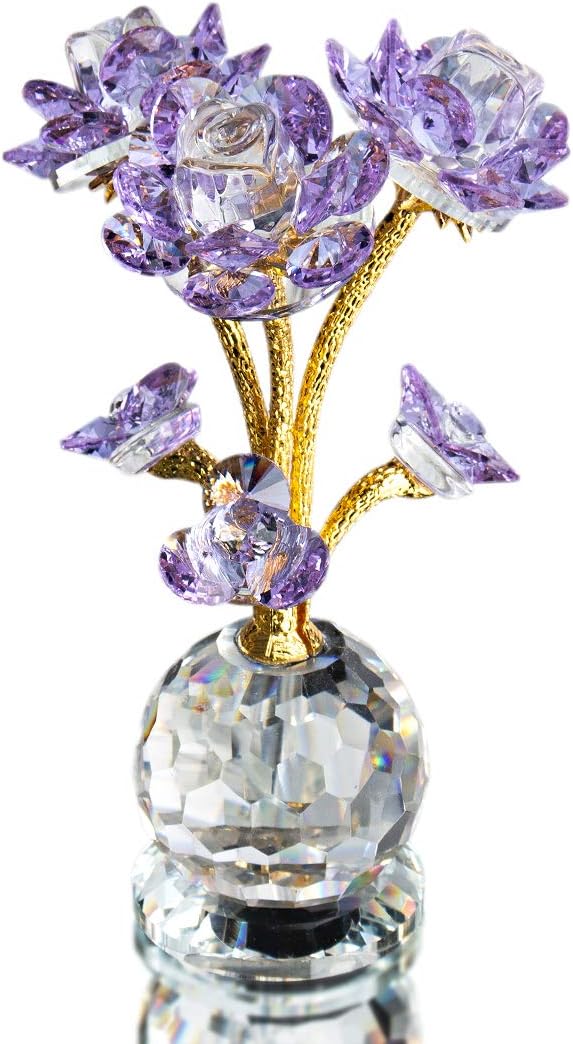 QFkris Purple Crystal Rose Flower Figurine - 6" Collectible Glass Statue | Elegant Home Decor Gift for Women