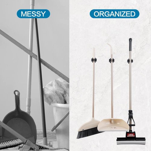 JAMEND Heavy-Duty Broom and Mop Holder - Wall-Mounted Organizer Rack for Garden Tools | Matte Black Finish