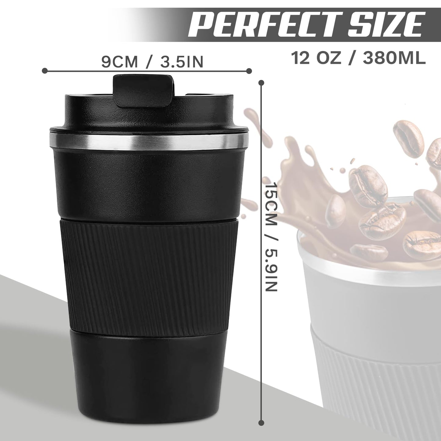 SPLMIFA Vacuum-Insulated Stainless Steel Travel Coffee Mug, Leak-Proof Reusable Coffee Cup with Lid - Keep Hot & Cold Drinks for Hours, Durable Insulated Tumbler for Men & Women(3rd-Black, 12OZ)