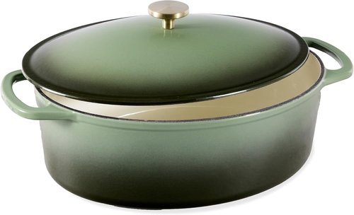 Best Choice Products Oval 7.5 Quart Enamel Cast-Iron Dutch Oven - Heavy-Duty Pre-Seasoned Cooking with Side Handles | Deep Olive Green